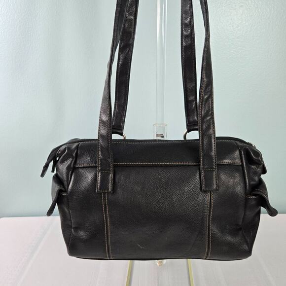 Black Leather Pebble Grain Double Shoulder Strap Purse with Zipper Closure - Picture 7 of 14